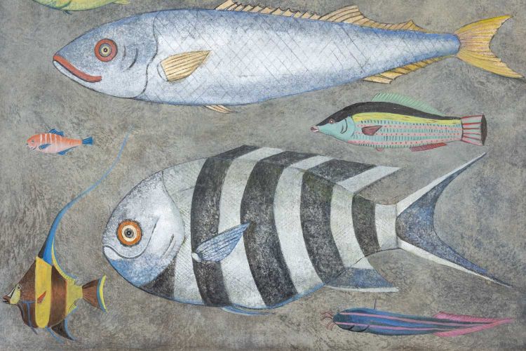 Painted canvas depicting a fish plank. Contemporary work. LS6026911A