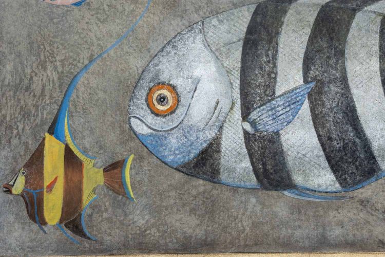 Painted canvas depicting a fish plank. Contemporary work. LS6026911A