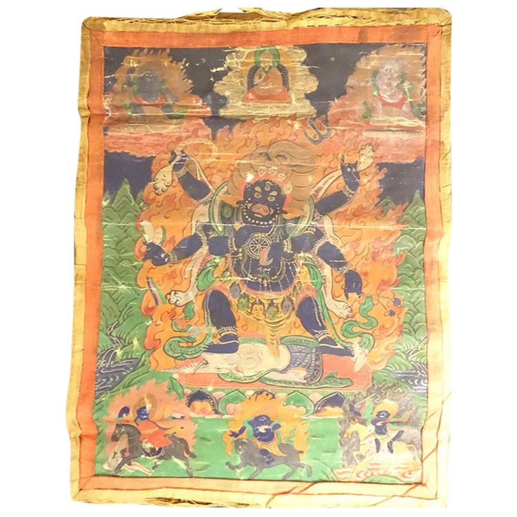 Thangka Tibétain Peinture Bouddhiste Mahakala 6 Bras Dharmapala Tibet 18è