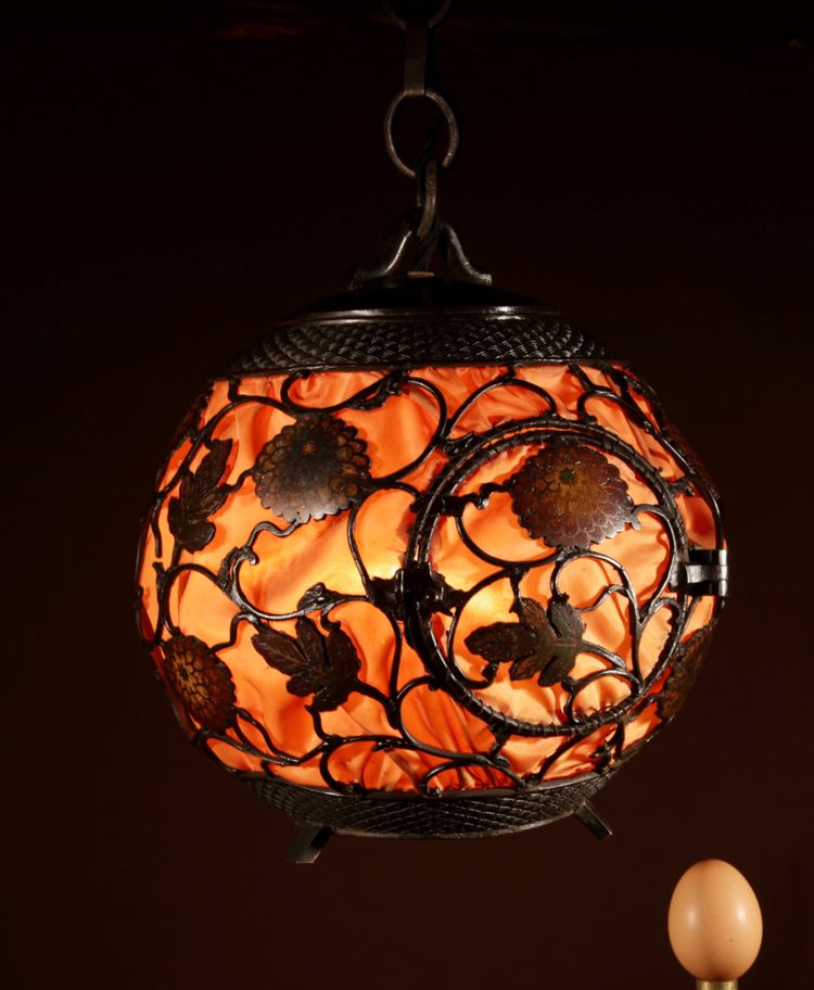 A rare large Japanese/Chinese original patinated Champleve table lamp/hanging lantern in