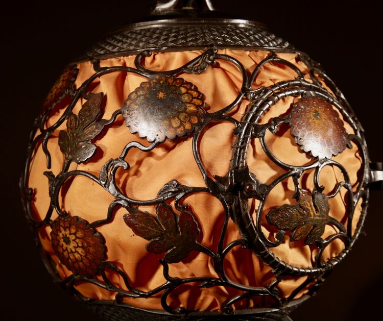 A rare large Japanese/Chinese original patinated Champleve table lamp/hanging lantern in