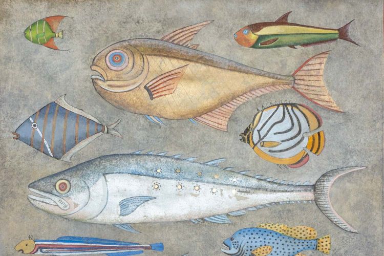 Painted canvas depicting a fish plank. Contemporary work.LS6027911A