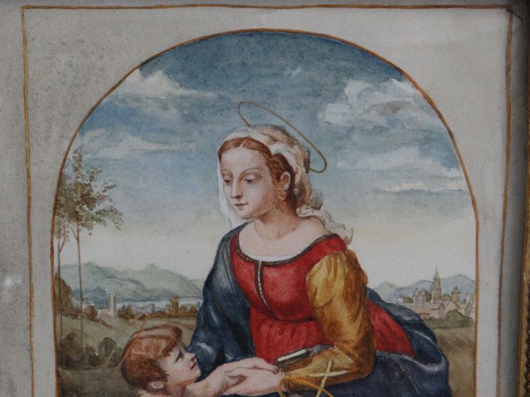 Aquarelle Vierge à l'Enfant cadre doré XIXe