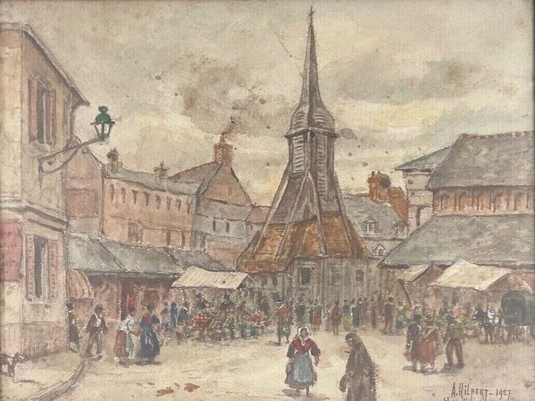 Aquarelle sur papier par Alfred Hilpert 1927 scène de marché à Honfleur