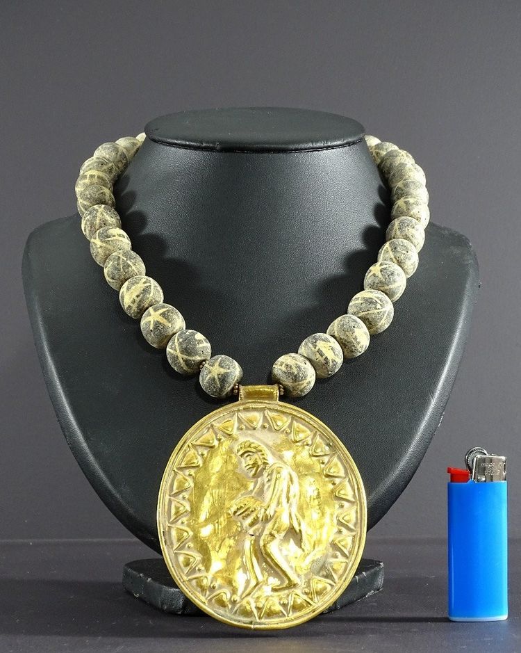 Afghanistan, Bactrian Style, Antique Glass Beads And Gilded Bronze Medallion Necklace.