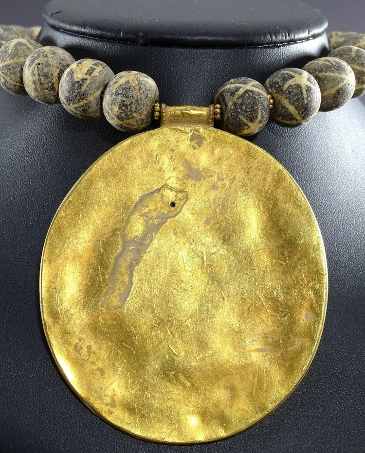 Afghanistan, Bactrian Style, Antique Glass Beads And Gilded Bronze Medallion Necklace.