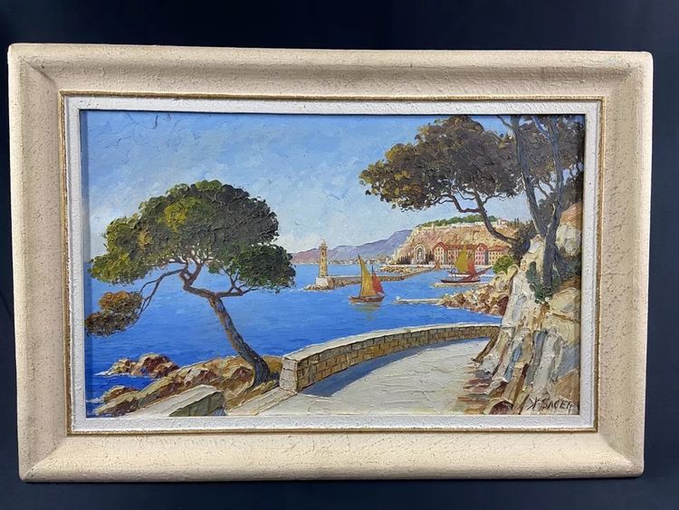 Tableau signé Xavier SAGER 1881-1969 Route de Nice vue sur port Paire possible