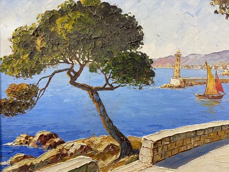 Tableau signé Xavier SAGER 1881-1969 Route de Nice vue sur port Paire possible