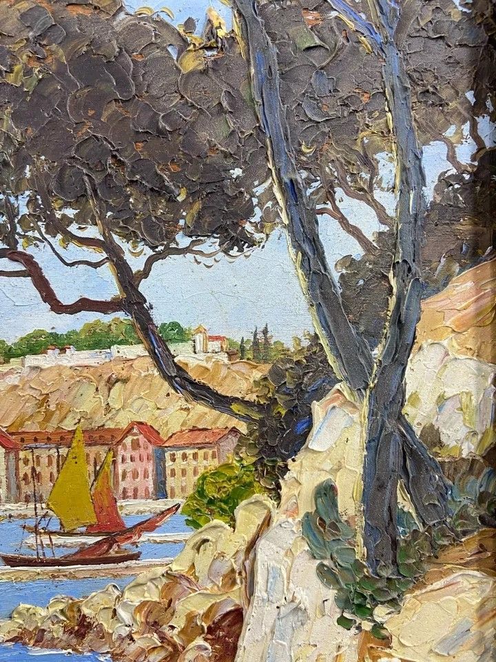 Tableau signé Xavier SAGER 1881-1969 Route de Nice vue sur port Paire possible