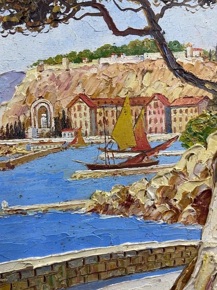 Tableau signé Xavier SAGER 1881-1969 Route de Nice vue sur port Paire possible