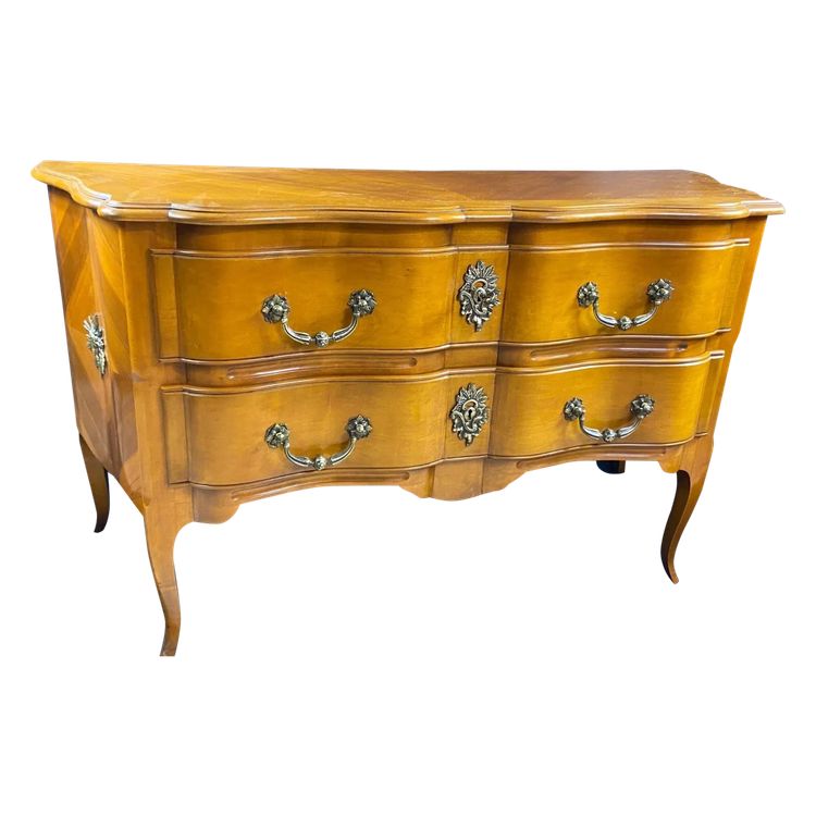 Large Louis XV-style bronze cherrywood commode with crossbow profile