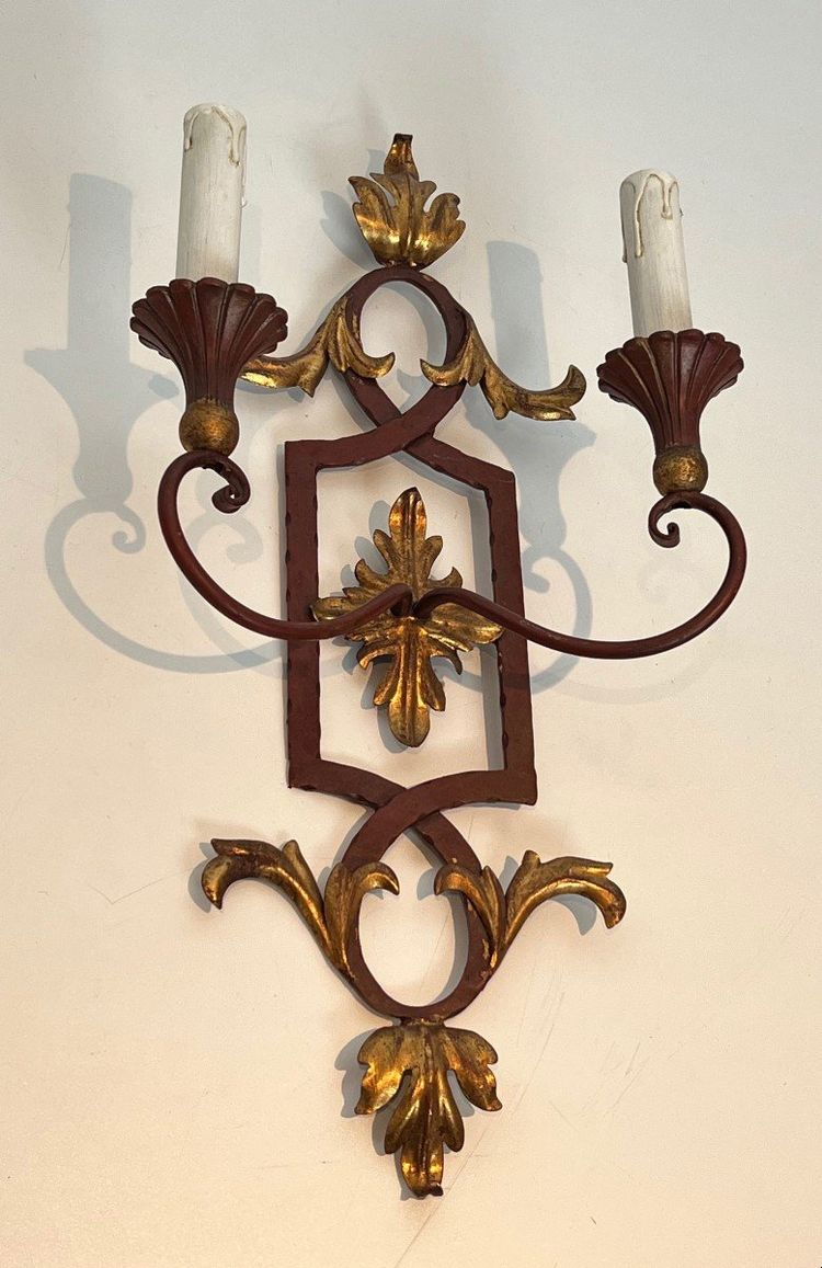 Pair of Red Antique Wrought Iron And Wood Wall Lights With Golden Acanthus Leaves.