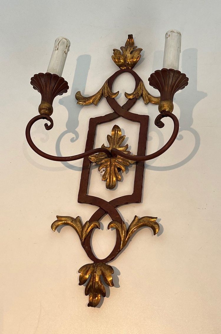 Pair of Red Antique Wrought Iron And Wood Wall Lights With Golden Acanthus Leaves.