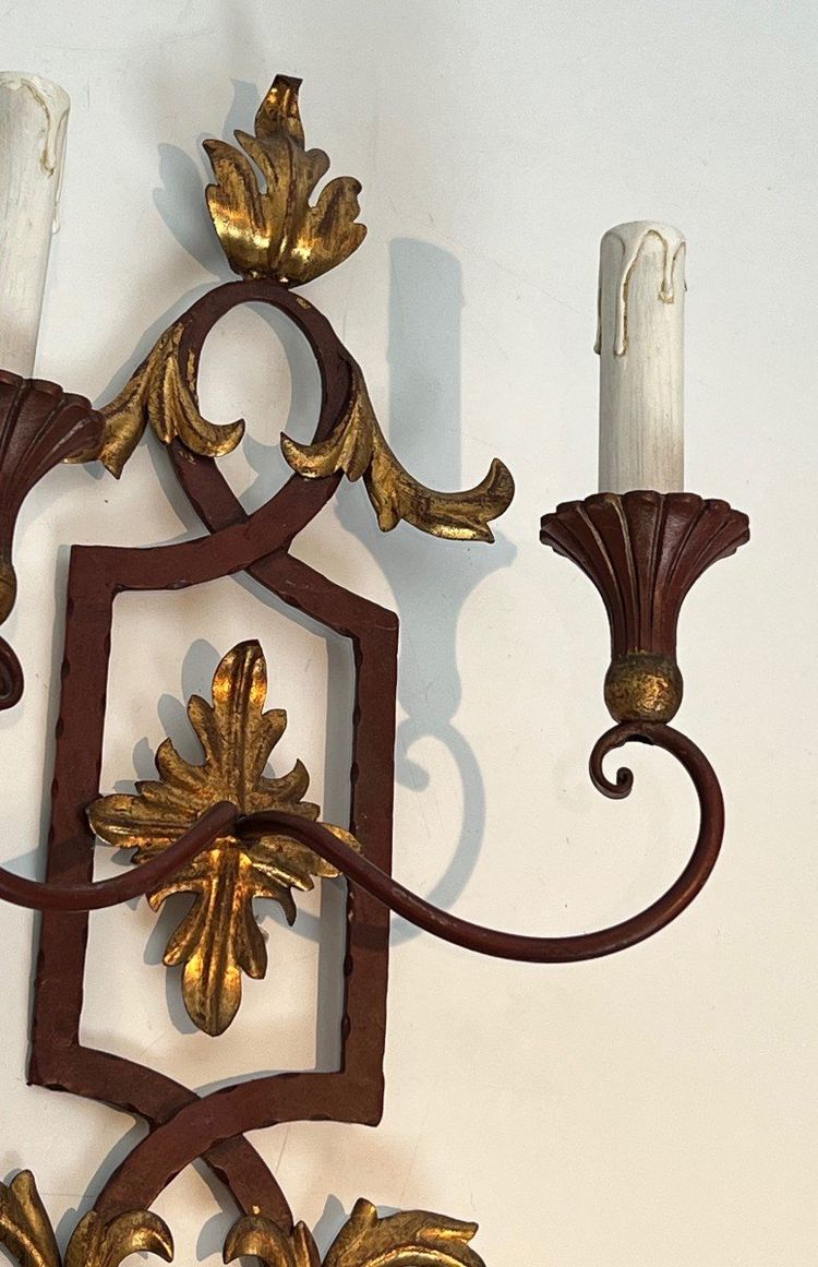 Pair of Red Antique Wrought Iron And Wood Wall Lights With Golden Acanthus Leaves.