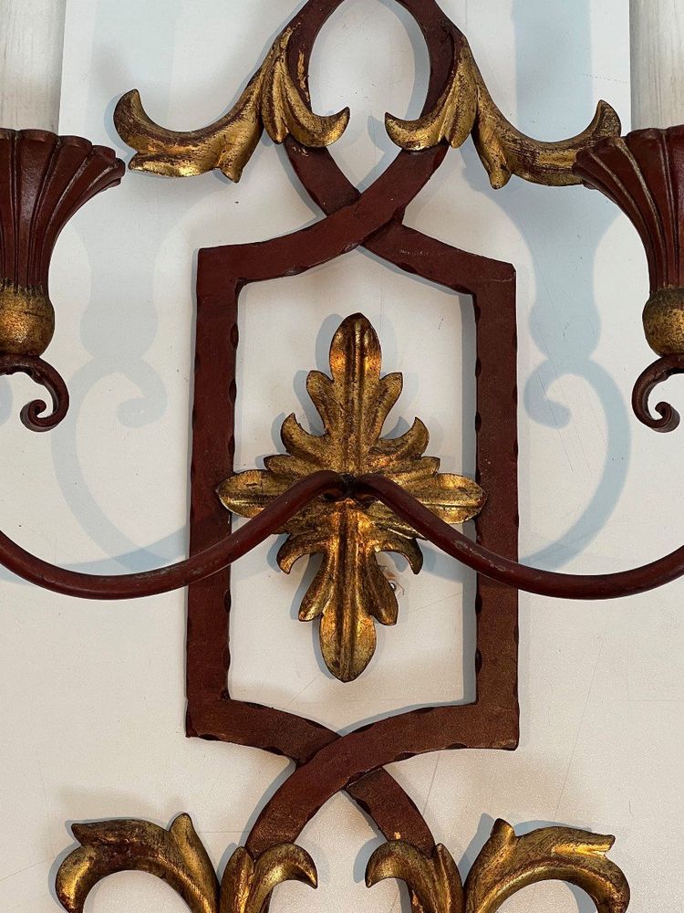 Pair of Red Antique Wrought Iron And Wood Wall Lights With Golden Acanthus Leaves.