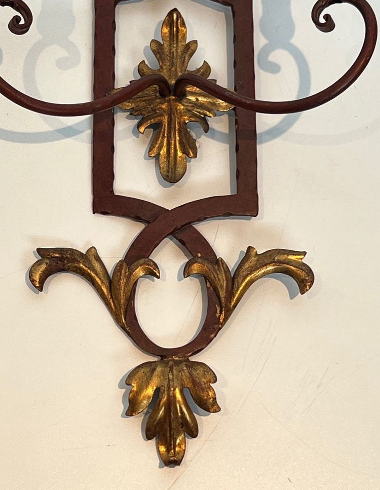 Pair of Red Antique Wrought Iron And Wood Wall Lights With Golden Acanthus Leaves.