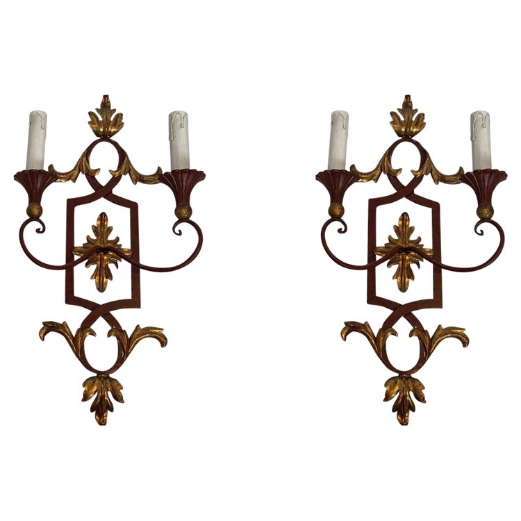 Pair of Red Antique Wrought Iron And Wood Wall Lights With Golden Acanthus Leaves.