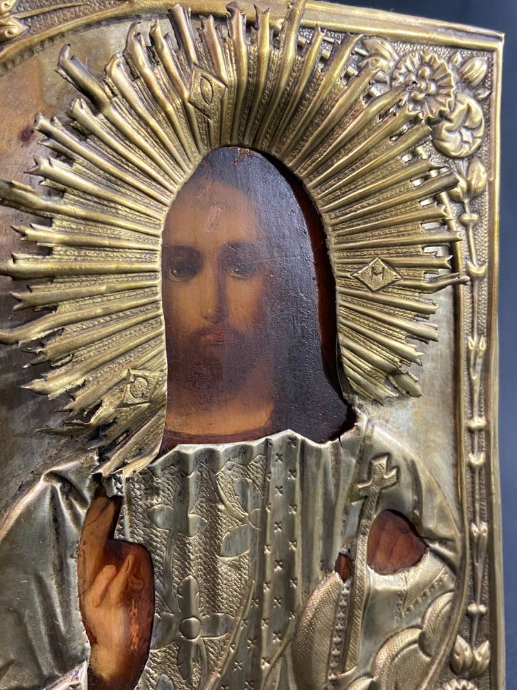 Russian icon with Chris pantocrator painted wood and brass 19th century