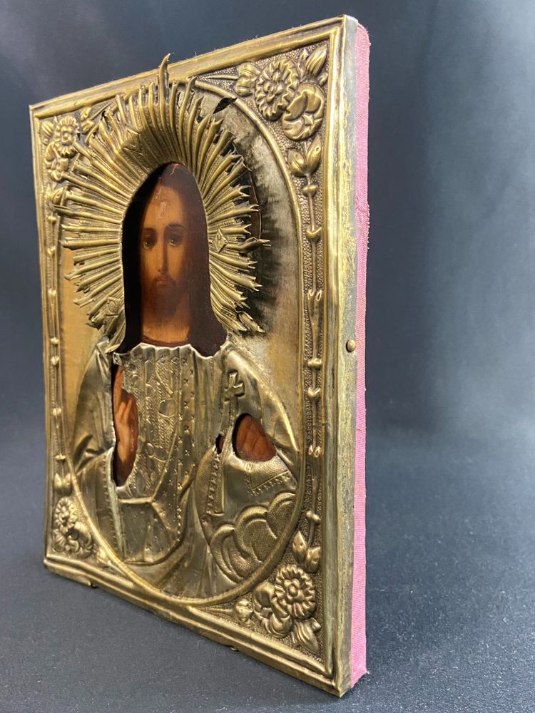 Russian icon with Chris pantocrator painted wood and brass 19th century