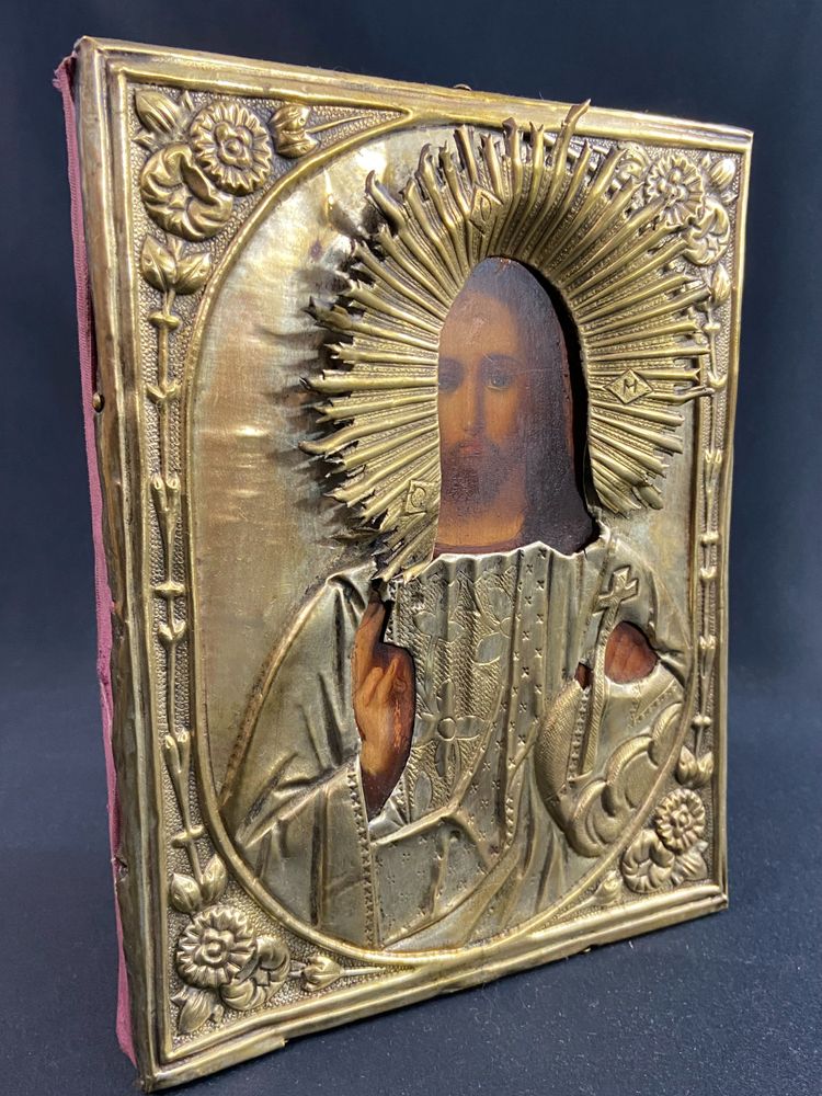 Russian icon with Chris pantocrator painted wood and brass 19th century