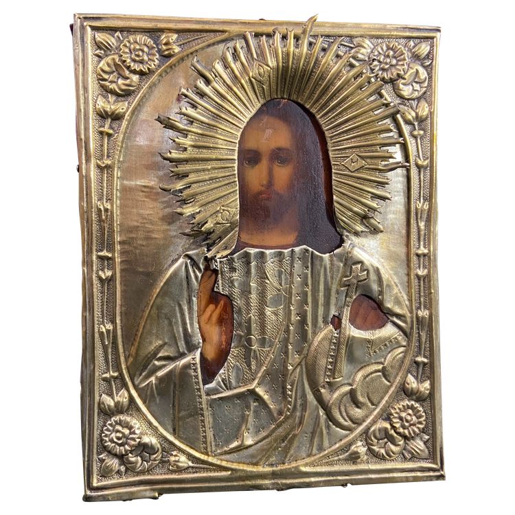 Russian icon with Chris pantocrator painted wood and brass 19th century