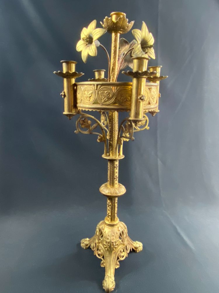 19th century Neo-Gothic bronze church candlestick