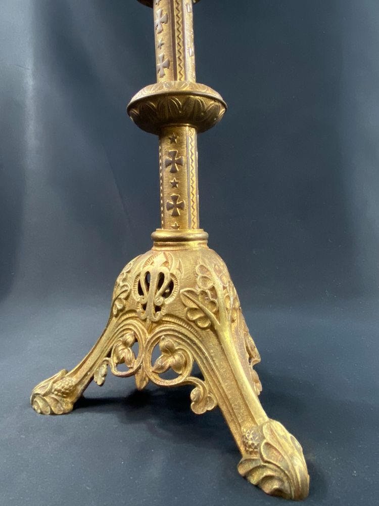 19th century Neo-Gothic bronze church candlestick