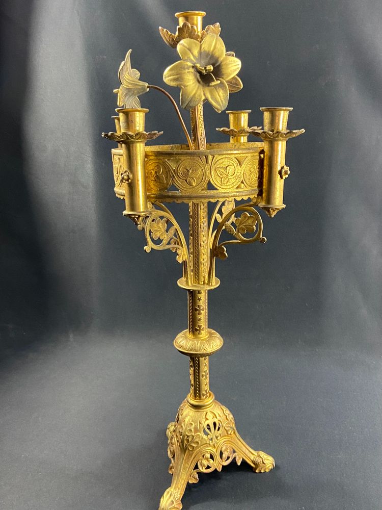 19th century Neo-Gothic bronze church candlestick