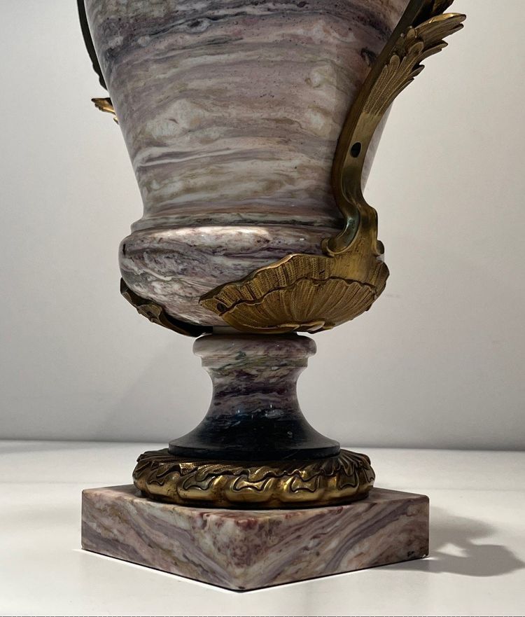 Large Marble Lamp Embellished With Bronze Crown At Base, Large Handles