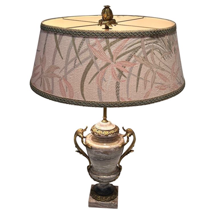 Large Marble Lamp Embellished With Bronze Crown At Base, Large Handles