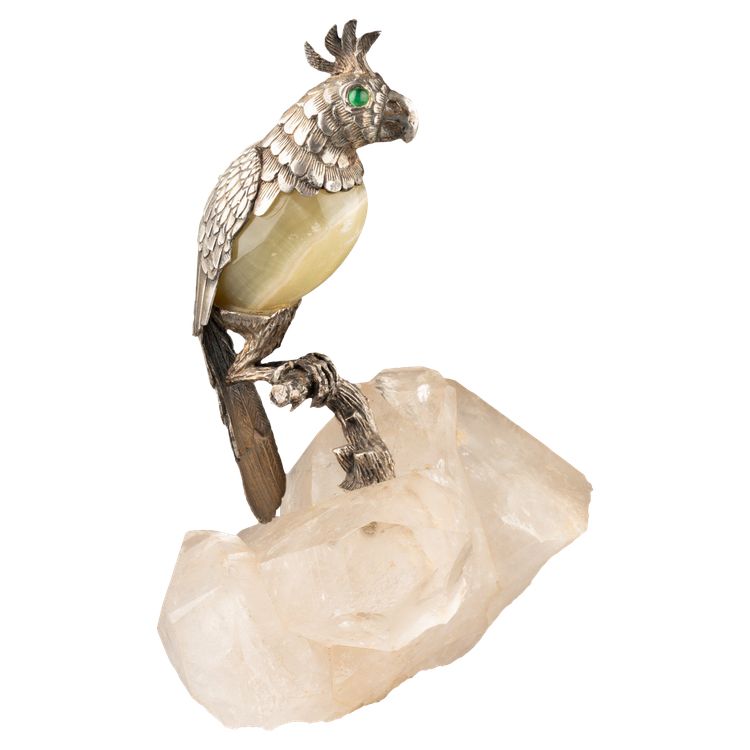 Oiseau en argent massif et agate sur socle de cristal de roche, XIXe siècle 