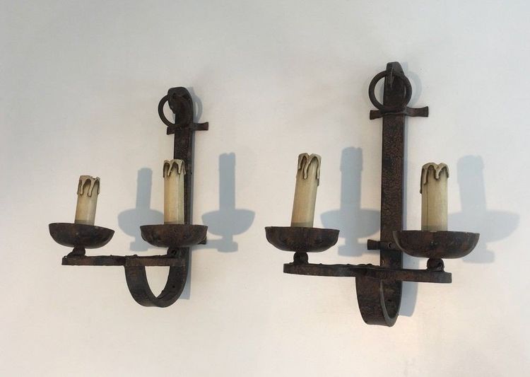 Pair of Wrought Iron Wall Lights. French work. Circa 1950