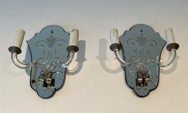 Pair of Engraved Crystal And Silvered Metal Wall Lights. Italian Murano work. Circa 1940