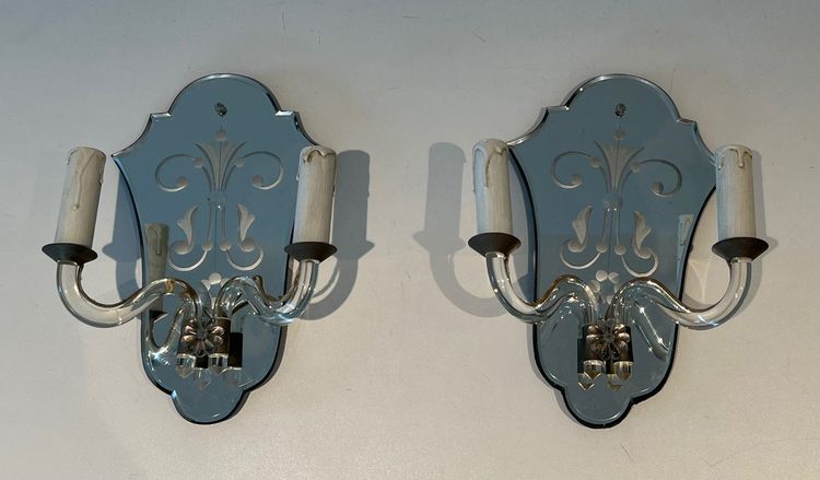 Pair of Engraved Crystal And Silvered Metal Wall Lights. Italian Murano work. Circa 1940