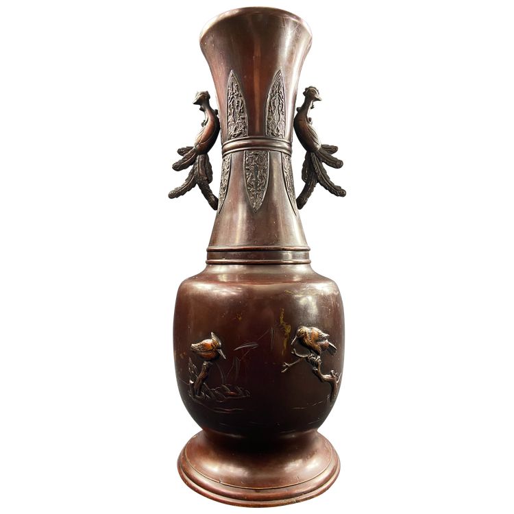 Grande vaso in bronzo del XIX secolo con disegno di uccelli Giappone Meiji