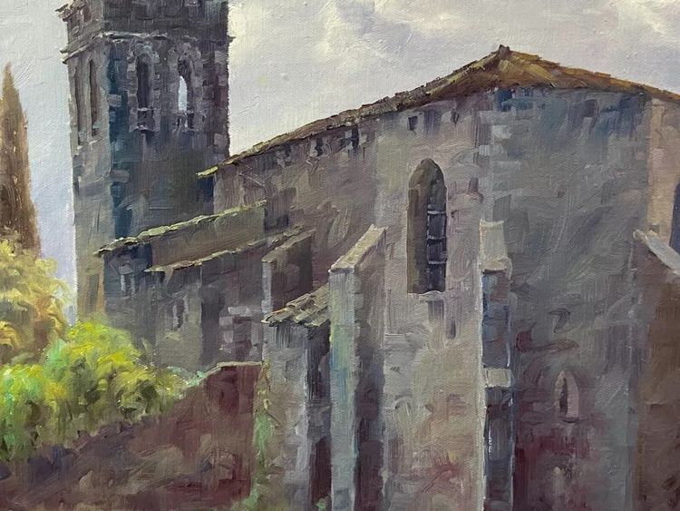 Painting oil on canvas Spanish school Nestor Church of Riudellots de la Selva