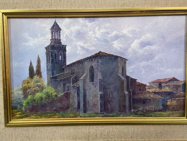 Painting oil on canvas Spanish school Nestor Church of Riudellots de la Selva