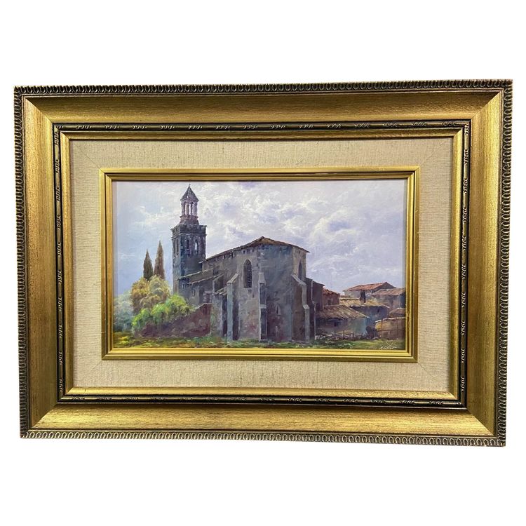 Painting oil on canvas Spanish school Nestor Church of Riudellots de la Selva