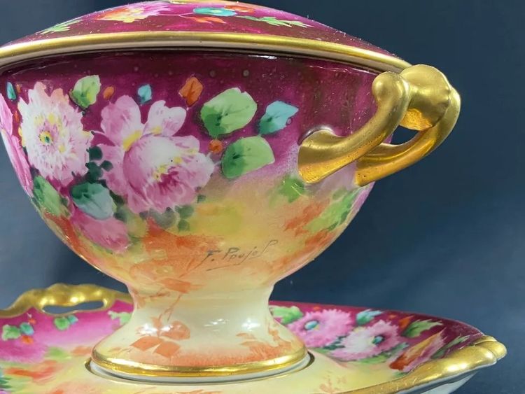 Cup trembleuse confiturier drageoir porcelain floral design Louis XV F. Poujol