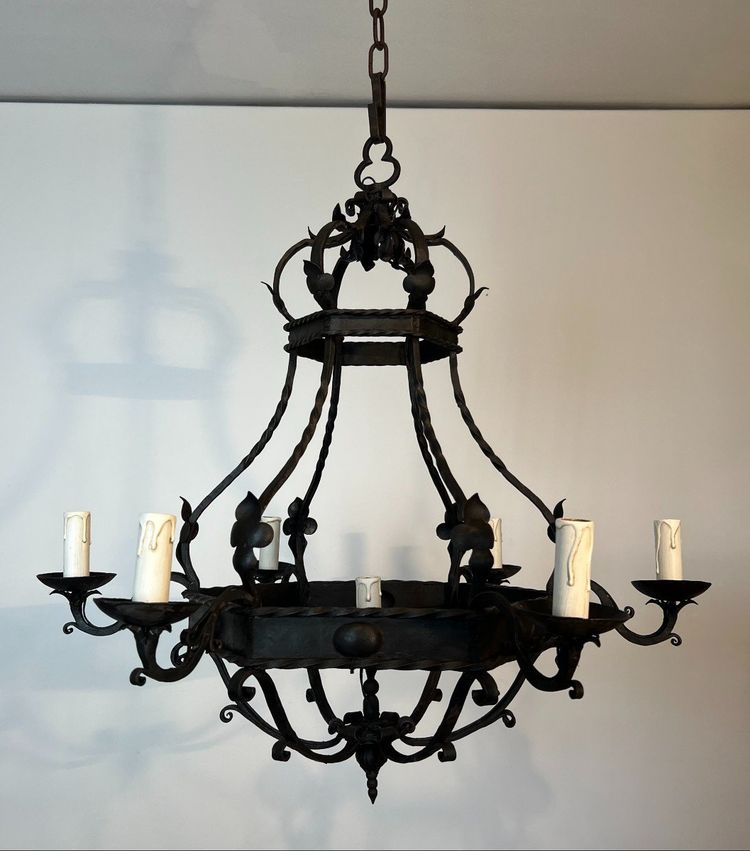 Wrought Iron Cage Chandelier with Light Arms. French Gothic work. Circa 1940