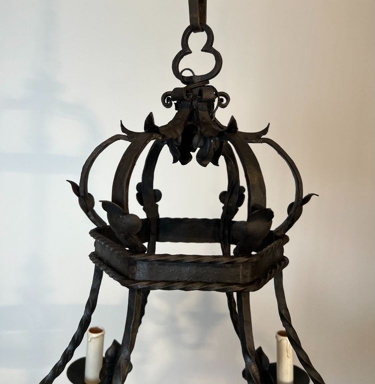 Wrought Iron Cage Chandelier with Light Arms. French Gothic work. Circa 1940