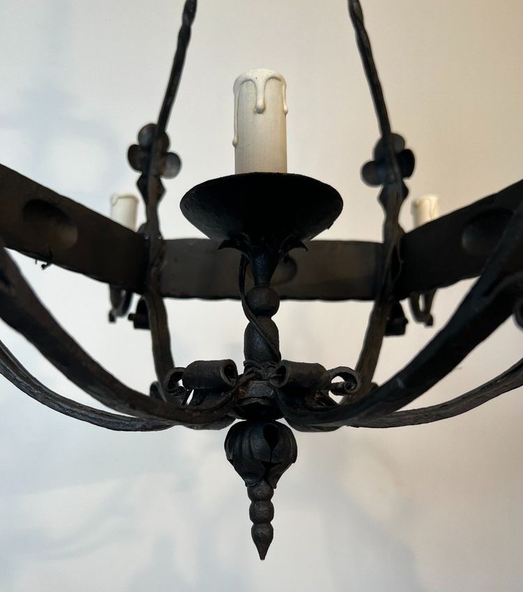 Wrought Iron Cage Chandelier with Light Arms. French Gothic work. Circa 1940