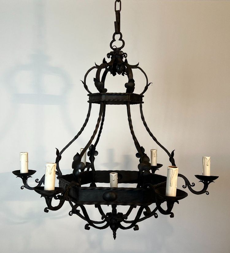 Wrought Iron Cage Chandelier with Light Arms. French Gothic work. Circa 1940