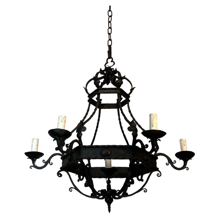 Wrought Iron Cage Chandelier with Light Arms. French Gothic work. Circa 1940