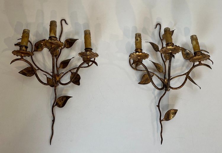 Pair of Gilded Metal Wall Lights with 3 Light Arms and Leaf Decorations. French work.