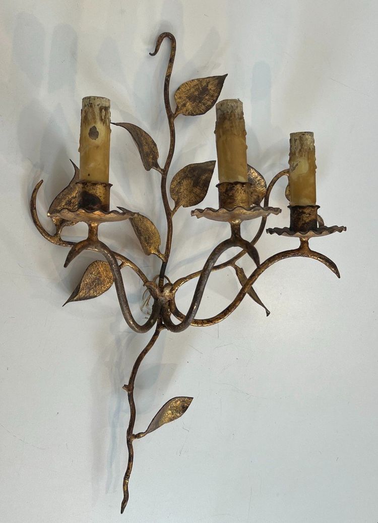 Pair of Gilded Metal Wall Lights with 3 Light Arms and Leaf Decorations. French work.