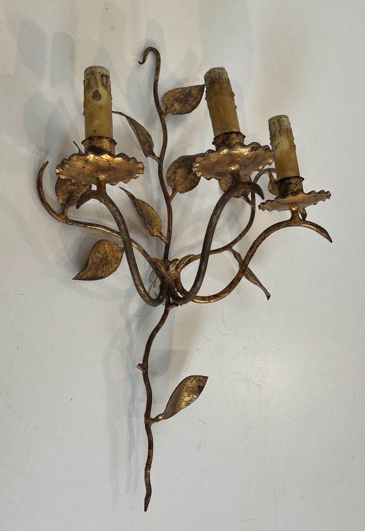 Pair of Gilded Metal Wall Lights with 3 Light Arms and Leaf Decorations. French work.