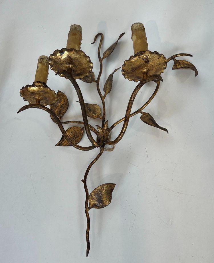 Pair of Gilded Metal Wall Lights with 3 Light Arms and Leaf Decorations. French work.