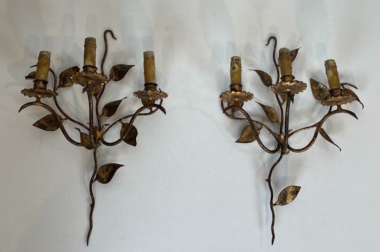 Pair of Gilded Metal Wall Lights with 3 Light Arms and Leaf Decorations. French work.