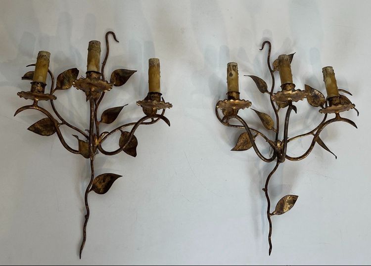 Pair of Gilded Metal Wall Lights with 3 Light Arms and Leaf Decorations. French work.